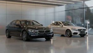 Salle d'exposition concession automobile premium avec BMW et Mercedes