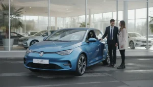 Voiture compacte garée devant un concessionnaire automobile, showroom lumineux, photographie réaliste
