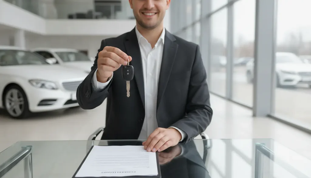 Conseiller automobile tenant les clés d'une voiture neuve devant un bureau avec contrat de leasing en concession moderne