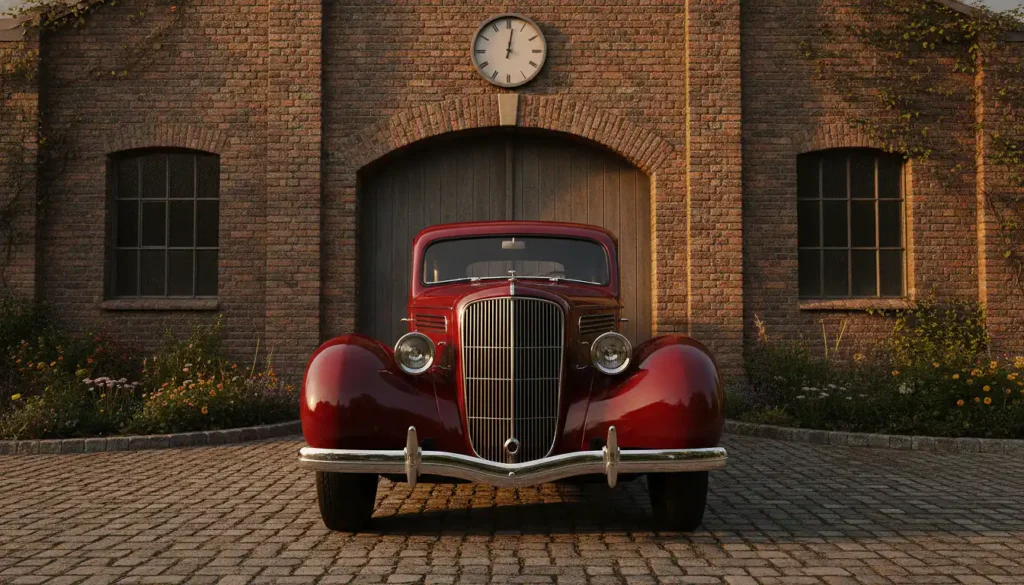 Automobile ancienne de collection restaurée, carrosserie rouge, garée devant un garage rétro en briques