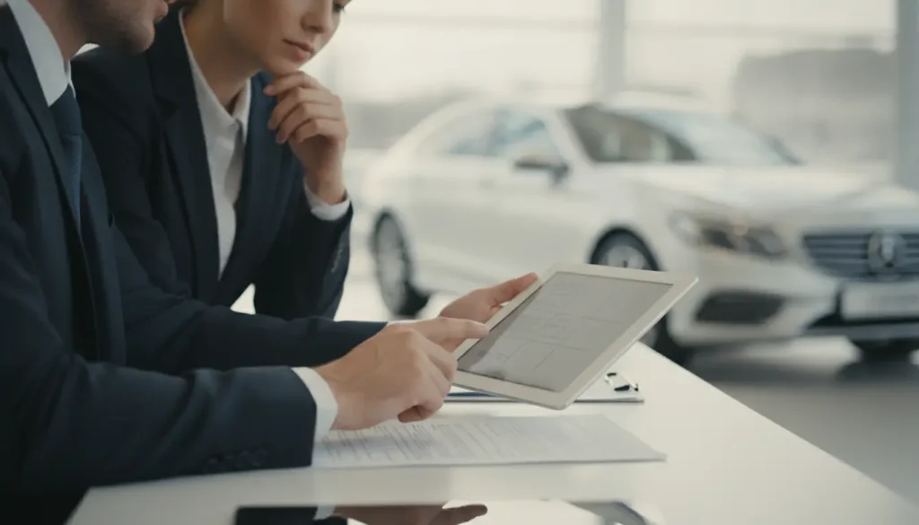 Client et vendeur en concession discutant du prix d'une voiture neuve