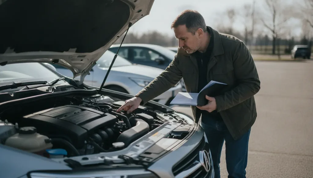 Acheteur inspectant le moteur d'une voiture d'occasion, capot ouvert, carnet d'entretien en main