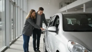 Couple examinant une citadine d'occasion argentée chez un concessionnaire