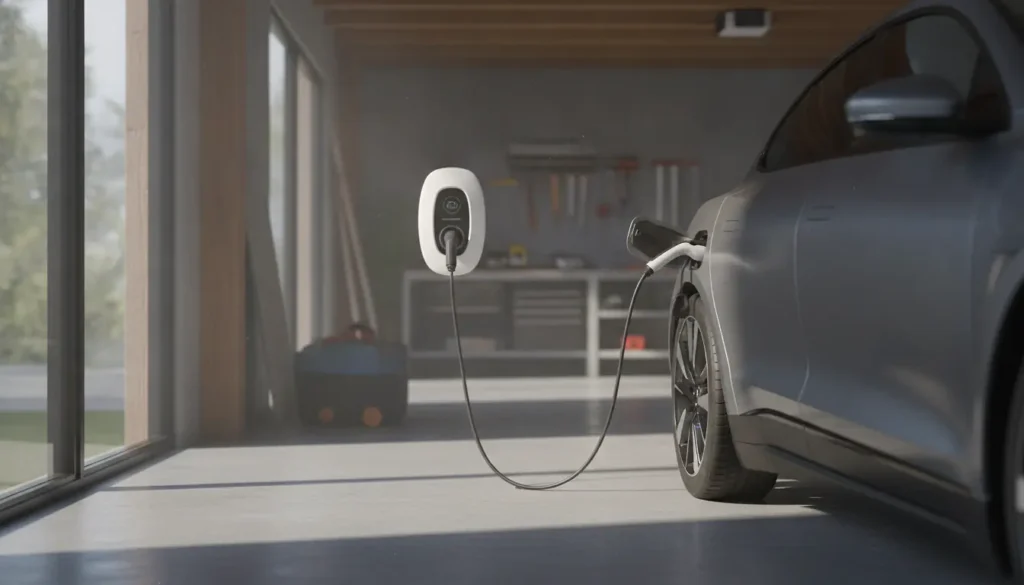 Borne de recharge murale blanche pour véhicule électrique installée dans un garage résidentiel