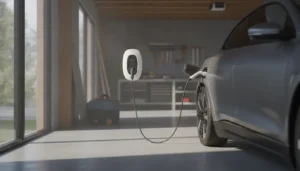 Borne de recharge murale blanche pour véhicule électrique installée dans un garage résidentiel