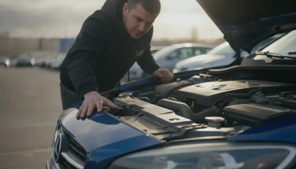 Acheteur inspectant la carrosserie et le moteur d'une voiture d'occasion avant achat