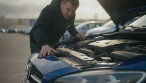 Acheteur inspectant la carrosserie et le moteur d'une voiture d'occasion avant achat