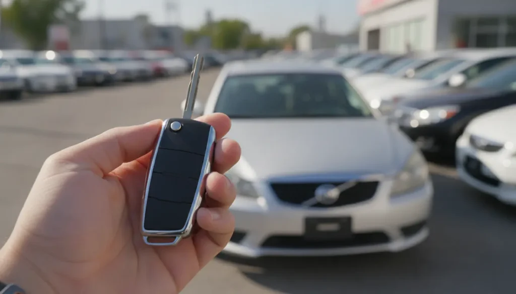 Main tenant une clé de voiture devant un véhicule d'occasion en concession