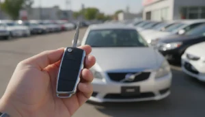 Main tenant une clé de voiture devant un véhicule d'occasion en concession