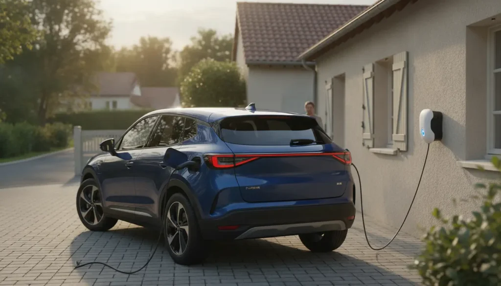 SUV hybride rechargeable branché sur une borne murale dans l'allée d'une maison en fin de journée