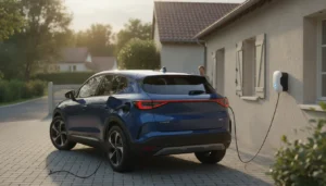 SUV hybride rechargeable branché sur une borne murale dans l'allée d'une maison en fin de journée