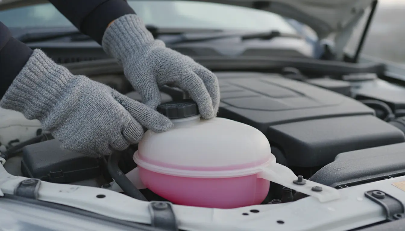 Mains gantées ouvrant le vase d'expansion du liquide de refroidissement sous le capot d'une voiture
