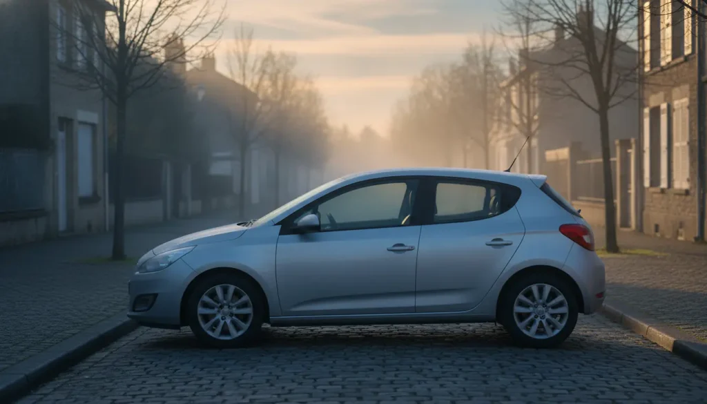 Voiture citadine garée dans une rue résidentielle par un matin d'hiver brumeux